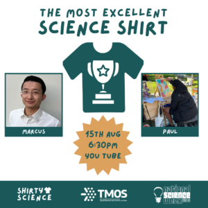 Shirty Science the most excellent science shirt promo image with scientist Marcus Cai and artist Paul